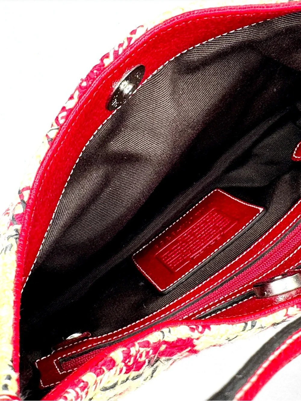 Coach Plaid Tweed Shoulder Hobo Bag Red Cream Leather Trim Style 8368